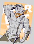  abs another_eidos another_eidos_of_dragon_vein_r anthro apprentice_worker_(anothereidos_r) bandanna_on_neck clothing gloves handwear hat headgear headwear male mammal marsupial nipples overalls_only p0sporo pecs possum raised_arms shirtless solo 