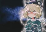  1girl absurdres black_headwear blank_eyes blonde_hair closed_mouth commentary dress english_commentary green_dress hat highres iesonatana lightning long_sleeves looking_at_viewer low_tier_god medium_hair meme soga_no_tojiko solo tate_eboshi touhou upper_body you_should_kill_yourself_now_(meme) 
