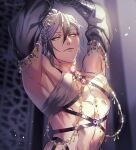  1boy alternate_costume arabian_clothes armpits breasts brown_hair detached_sleeves earrings gem girly_boy gold_trim grey_hair grey_sleeves harem_outfit highres jewelry long_sleeves looking_at_viewer male_focus mole mole_on_breast mole_under_mouth muscular muscular_male nu_carnival pectorals purple_gemstone rei_(nu_carnival) short_hair single_earring smile soushuku yellow_eyes 