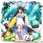  1girl ahoge alternate_costume asymmetrical_footwear bird bird_wings black_cat black_hair black_wings bow cape cat clothes_writing cloud_print commentary copyright_name crescent_print crocodile crocodilian easter_egg egg english_commentary full_body fur_trim game_cg green_bow hair_bow kaenbyou_rin kaenbyou_rin_(cat) light_particles light_rays long_hair looking_at_viewer mismatched_footwear one_eye_closed outdoors panda plant red_eyes reiuji_utsuho reiuji_utsuho_(occasionally_non-operational_underworld_sun) rotte_(1109) shirt socks solo star_(symbol) star_print third-party_source third_eye torn_clothes torn_shirt touhou touhou_lost_word translation_request white_cape white_shirt white_socks wings 