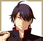  1boy ahoge araragi_koyomi black_hair black_jacket closed_mouth commentary_request expressionless gakuran hair_over_one_eye jacket looking_at_viewer male_focus monogatari_(series) naoetsu_high_school_uniform one_eye_covered portrait rapa_rachi red_eyes school_briefcase school_uniform short_hair solo straight-on upper_body 