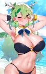  1girl absurdres antlers armpits arms_behind_head arms_up beach bikini black_bikini blue_ribbon blush braid braided_bangs branch breasts ceres_fauna ceres_fauna_(1st_costume) cleavage colored_tips earrings flower gradient_hair green_hair hair_flower hair_ornament hand_in_own_hair highres hololive hololive_english honeymelon jewelry large_breasts long_hair looking_at_viewer mole mole_under_eye multicolored_hair navel presenting_armpit ribbon single_braid skindentation smile solo swimsuit undressing virtual_youtuber water_drop yellow_eyes 