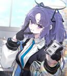 1girl absurdres black_gloves blazer blue_archive blue_hair blue_necktie blurry blurry_background clenched_teeth gloves half_gloves halo highres jacket long_hair looking_at_viewer movik necktie purple_eyes shirt smile solo teeth two_side_up white_jacket white_shirt window yuuka_(blue_archive) 