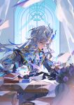  1boy artist_name ascot black_gloves blue_hair blue_jacket blurry blurry_foreground book book_stack bookmark brooch commentary curtains desk english_commentary from_behind genshin_impact glasses gloves grey_hair half-closed_eyes highres holding holding_quill indoors jacket jewelry leisurely_otter_(genshin_impact) long_hair looking_down low-tied_long_hair male_focus multicolored_hair multiple_persona neuvillette_(genshin_impact) office one_eye_closed otter pointy_ears purple_eyes quill reading seashell shell sidelocks solo streaked_hair upper_body vase white_ascot window writing yeurei 