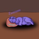  balls cuddlybloodily drop_shadow eyes_closed feral fluffy_pony fluffy_pony_(species) fur genitals hi_res male penis pillow purple_body purple_fur sid_(fluffy_pony) simple_background sleeping solo sound_effects vowelless vowelless_sound_effect zzz 