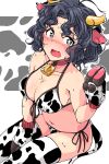  1girl animal_ears animal_print antenna_hair bare_shoulders bell between_legs bikini blue_hair blush border breasts brown_eyes choker cleavage collarbone cow_ears cow_horns cow_print cow_print_bikini cow_print_thighhighs cow_tail cowbell embarrassed fake_animal_ears fake_horns fake_tail front-tie_bikini_top front-tie_top guriko_(mossari) hand_between_legs hand_up highres hoof_gloves horns idolmaster idolmaster_million_live! idolmaster_million_live!_theater_days large_breasts looking_at_viewer navel neck_bell open_mouth outside_border red_choker short_hair side-tie_bikini_bottom sitting solo sweat swimsuit tail toyokawa_fuka wavy_hair white_border 