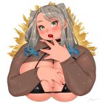  1girl akina_bbw artist_name bikini black_bikini blue_hair blush breasts character_request cleavage commentary_request copyright_request gradient_hair grey_hair head_tilt highres huge_breasts long_sleeves looking_at_viewer multicolored_hair parted_lips solo string_bikini swimsuit thick_arms thick_eyebrows tsurime twitter_username upper_body white_background yellow_eyes 