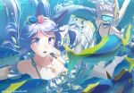  2girls animal_ears bare_shoulders barefoot black_one-piece_swimsuit breasts cleavage collarbone dated ear_flower fish fish_request goggles gold_ship_(run_revolt_launcher)_(umamusume) gold_ship_(umamusume) horse_ears horse_girl jewelry long_hair mejiro_mcqueen_(ripple_fairlady)_(umamusume) mejiro_mcqueen_(umamusume) multiple_girls necklace official_alternate_costume one-piece_swimsuit purple_eyes purple_hair snorkel super_smashing_summer_vacation_(umamusume) swept_bangs swimsuit takuzui twitter_username umamusume underwater 