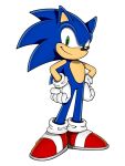  1boy closed_mouth full_body furry furry_male gloves green_eyes hands_on_own_hips looking_at_viewer male_focus official_art red_footwear shoes simple_background smile solo sonic_(series) sonic_the_hedgehog uekawa_yuji white_background white_gloves 