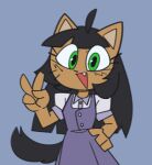  anthro clothed clothing digital_media_(artwork) domestic_cat felid feline felis female fur gesture hair kattobyte looking_at_viewer mammal open_mouth simple_background solo tail v_sign 