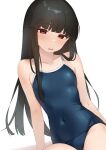  1girl arm_support black_hair blue_one-piece_swimsuit blunt_bangs breasts brown_eyes commentary_request competition_school_swimsuit covered_navel hatsuyuki_(kancolle) kantai_collection one-piece_swimsuit sakieko school_swimsuit simple_background sitting small_breasts solo swimsuit white_background 