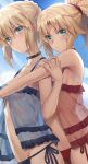  2girls ahoge alternate_costume artoria_pendragon_(fate) babydoll bare_shoulders blonde_hair blue_panties blue_ribbon blue_sky blush braid breasts choker closed_mouth commentary_request expressionless fate/apocrypha fate/grand_order fate/stay_night fate_(series) french_braid green_eyes hair_bun hair_ribbon highres long_hair looking_at_viewer mordred_(fate) mordred_(fate/apocrypha) multiple_girls navel nightgown panties parted_bangs ponytail red_panties ribbon saber sidelocks sky small_breasts string_panties swimsuit tonee underwear 