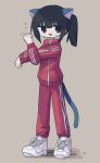  1girl animal_ears black_eyes black_hair cat_ears cat_girl cat_tail cross-body_stretch crossed_arms double_vertical_stripe full_body jacket kanikan long_sleeves looking_at_viewer medium_hair open_mouth original pants ponytail red_jacket red_pants shoes sidelocks simple_background sneakers solo standing stretching sweat tail track_jacket track_pants track_suit white_footwear zipper 