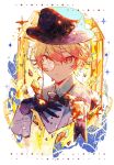  1boy black_bow black_bowtie black_gloves bow bowtie chulixun1 commentary gloves hand_on_own_chest hat highres long_sleeves monocle orange_eyes orange_hair parted_lips project_sekai short_hair solo star_(symbol) tenma_tsukasa 