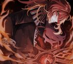  1boy black_coat black_gloves bleeding blood blood_on_face coat dark_background diluc_(genshin_impact) epaulettes fire from_side genshin_impact gloves highres holding holding_sword holding_weapon lapels long_sleeves looking_at_viewer male_focus red_eyes red_hair sa_fest sleeve_cuffs solo sword upper_body weapon wolf&#039;s_gravestone_(genshin_impact) 