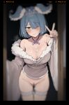  aqua_eyes blue_hair blue_wings blush bottomless breasts cleavage cum cum_on_body cum_on_breasts elira_pendora elira_pendora_(2nd_costume) head_wings highres nijisanji nijisanji_en shin&#039;en_wo_nozoku short_hair sweat tiara v virtual_youtuber wide_sleeves wings 