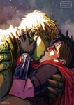  2boys alien backlighting bad_id bad_tumblr_id bara black_bodysuit black_hair blonde_hair blush bodysuit cape claws closed_eyes colored_skin couple cris_art ear_piercing embers green_skin hand_on_another&#039;s_cheek hand_on_another&#039;s_face hulkling interspecies kiss leaning_on_person male_focus marvel multiple_boys muscular muscular_male piercing red_cape short_hair sideburns superhero thick_eyebrows upper_body wiccan yaoi 