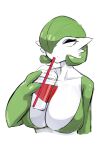  2023 absurd_res beverage breasts cleavage clothed clothing container cup female gardevoir generation_3_pokemon green_body hi_res holding_container holding_cup holding_object humanoid menyang nintendo pokemon pokemon_(species) pupils red_body simple_background small_pupils solo white_background white_body 