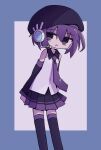  1girl bare_shoulders beret blue_border border character_name collared_shirt commentary copyright_name detached_sleeves feet_out_of_frame hair_between_eyes hat headset kanikan long_sleeves looking_at_viewer miniskirt necktie open_mouth outside_border pleated_skirt purple_eyes purple_hair purple_headwear purple_necktie purple_skirt purple_sleeves purple_thighhighs shirt short_hair simple_background skirt sleeveless sleeveless_shirt solo standing thighhighs tie_clip utane_uta utau white_background white_shirt zettai_ryouiki 