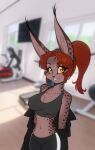  anthro blush bra breasts chest_tuft clothing exercise_equipment felid feline female fur gym hi_res lynx mammal mara_(scorpdk) scorpdk solo sports_bra spots spotted_body spotted_fur treadmill tuft underwear yellow_eyes 