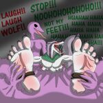  2015 5_toes anthro barefoot blush bodily_fluids breasts brown_stirrups canid canine canis cape celia_(quintonquill) claws clothed clothing dominant dominant_anthro dominant_female duo english_text eyes_closed feet female foot_fetish foot_focus goo_creature green_cape grey_background hi_res humanoid_feet kmj91_(artist) laugh laugh_vocalization long_tongue looking_at_another male male/female mammal muscular muscular_anthro muscular_male open_mouth pink_blush pink_tongue plantigrade prick_ears purple_body purple_claws saliva scalie sharp_teeth simple_background slime slime_bondage snout soles stirrup_footwear stirrup_legwear submissive submissive_anthro submissive_male teeth text tickle_fetish tickle_torture tickling tickling_armpits tickling_feet toe_claws toes tongue topless topless_anthro topless_male white_body white_skin wolf z&#039;nth 