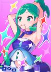  1girl adjusting_hair armpits arms_up arutarika_(ri_kaoekaki) asymmetrical_sidelocks buttons closed_mouth collar collarbone commentary_request eyelashes green_eyes green_hair hair_tie_in_mouth highres lisia_(pokemon) mouth_hold navel pokemon pokemon_(game) pokemon_oras purple_background sidelocks solo sparkle 