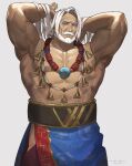  1boy abs armpits arms_up bara beard blue_eyes clothing_cutout cowboy_shot dark-skinned_male dark_skin facial_hair grey_background hair_lift hand_in_own_hair highres jewelry jp_(street_fighter) large_pectorals long_hair long_skirt looking_at_viewer male_focus mature_male muscular muscular_male mustache necklace nipples official_alternate_costume old old_man pectorals presenting_armpit sa1k0p skirt solo street_fighter street_fighter_6 thick_eyebrows thick_mustache thigh_cutout topless_male veins white_hair 