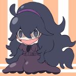  1girl @_@ asairosora blush blush_stickers breasts chibi commentary_request dress full_body hair_between_eyes hairband hands_up happy hex_maniac_(pokemon) long_hair messy_hair open_mouth orange_background pokemon pokemon_(game) pokemon_xy purple_dress purple_eyes purple_hair purple_hairband shaded_face sidelocks sitting sleeves_past_fingers sleeves_past_wrists small_breasts smile solo striped striped_background very_long_hair 
