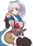  1girl bandages bird black_thighhighs blue_ribbon blue_scarf breasts chest_sarashi cleavage commentary_request fire_emblem fire_emblem:_radiant_dawn fire_emblem_heroes gonzarez hair_ribbon highres japanese_clothes kimono large_breasts micaiah_(fire_emblem) micaiah_(ninja)_(fire_emblem) ninja official_alternate_costume official_alternate_hairstyle ponytail ribbon sarashi scarf sideboob simple_background sleeveless sleeveless_kimono thighhighs thighs white_background yune_(fire_emblem) 