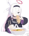  1girl ai-generated_art_(topic) ai_drawing_anime_characters_eating_ramen_(meme) black_coat black_hairband black_sailor_collar blue_archive bowl braid chise_01234 choker chopsticks coat eating food hair_over_one_eye hairband halo long_hair long_sleeves meme neckerchief noodles open_clothes open_coat pink_hair plana_(blue_archive) sailor_collar school_uniform serafuku side_braid simple_background solo upper_body very_long_hair white_background white_hair white_neckerchief wide_sleeves 