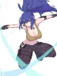  1girl armlet blue_eyes blue_hair breasts dog_tags earrings gloves highres irc14786149 jewelry large_breasts leona_heidern navel ponytail simple_background slashing soldier solo tank_top the_king_of_fighters the_king_of_fighters_xv white_background yellow_tank_top 