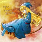  1girl blonde_hair blue_dress blue_eyes blue_footwear blue_headwear boots broom broom_riding commentary_request dress full_body happy_birthday hat long_dress long_hair long_sleeves madou_monogatari magical_girl nicoseiga_41586339 parted_lips puyopuyo red_sash sash shoe_soles solo turtleneck very_long_hair witch witch_(puyopuyo) wizard_hat 