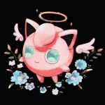  black_background blue_flower detached_wings floating flower green_eyes halo highres jigglypuff night night_sky no_humans pokemon pokemon_(creature) simple_background sky smile sparkle star_(sky) su_(sajo_su5) wings 