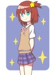  1girl arms_behind_back border bright_pupils brown_hair green_eyes hair_ornament luluco miniskirt plaid plaid_skirt pleated_skirt ribbon school_uniform shirt short_sleeves side_ponytail skirt smile solo sparkle star_(symbol) star_hair_ornament striped striped_ribbon sweater_vest uchuu_patrol_luluco uminashi white_border white_pupils white_shirt 