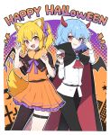  2girls alternate_costume animal_ear_fluff animal_ears asymmetrical_legwear black_cape black_pants blonde_hair blue_hair blush bow cape cup dot_nose drinking_glass english_text fang feet_out_of_frame flandre_scarlet fur_trim grin hair_bow halloween_costume highres holding kemonomimi_mode long_sleeves looking_at_viewer miz_(mizillustration) multiple_girls orange_skirt pants purple_ribbon red_eyes remilia_scarlet ribbon shirt short_hair short_sleeves skirt skirt_set smile standing tail touhou white_shirt wine_glass 