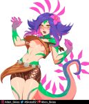  1girl allen_skies blue_hair blush breasts clothes_lift colored_skin flower green_skin hair_flower hair_ornament highres instagram_username jewelry league_of_legends linea_alba midriff multicolored_hair multicolored_skin navel necklace neeko_(league_of_legends) nipples open_mouth pink_flower pink_hair reptile_girl shiny_skin short_hair simple_background small_breasts solo surprised tail twitter_username two-tone_hair white_background yellow_eyes 