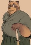  2023 anthro aotadobukitch asian_clothing bodily_fluids brown_body canid canine clothing east_asian_clothing hi_res japanese_clothing kemono male mammal overweight overweight_male raccoon_dog simple_background solo sweat tanuki weapon 