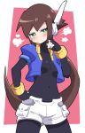  1girl absurdres aile_(mega_man_zx) black_bodysuit blush bodysuit breasts brown_hair buzzlyears closed_mouth covered_navel green_eyes highres large_breasts long_hair looking_at_viewer mega_man_(series) mega_man_zx pout shorts solo white_shorts 