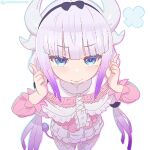  1girl black_hairband blue_eyes blunt_bangs blush capelet closed_mouth dragon_girl dragon_horns gradient_hair hairband horns kanna_kamui kobayashi-san_chi_no_maidragon light_purple_hair looking_at_viewer low_twintails multicolored_hair simple_background thighhighs twintails white_background white_thighhighs yonezawa_mao 