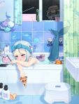  1girl absurdres bath bath_stool bathing bathroom bathtub blue_hair cellphone character_doll commentary commentary_request curtains fins fish_tail food gawr_gura hair_ornament highres holding holding_food hololive hololive_english monmo_mu mori_calliope multicolored_hair ninomae_ina&#039;nis objectification partially_submerged phone pizza pizza_slice rubber_duck shark_girl shark_hair_ornament shark_print shark_tail smartphone smol_ame solo stool tail takanashi_kiara tile_wall tiles virtual_youtuber watermark watson_amelia white_hair window 