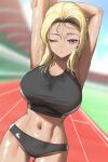  1girl arm_up armpits black_shorts black_sports_bra blonde_hair breasts highres large_breasts midriff navel one_eye_closed open_mouth original purple_eyes running_track short_shorts shorts solo sports_bra sportswear stretching sweat thigh_gap thighs twin_(tt_lsh) 