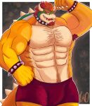  abs absurd_res anthro armpit_hair body_hair bowser bowser_day boxers_(clothing) bulge chest_hair clothing collar dragon facial_hair flexing flexing_bicep gio-joe goatee hi_res koopa male mario_bros muscular muscular_anthro muscular_male nintendo pecs pubes reptile scalie spiked_collar spikes turtle underwear 