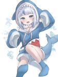  1girl :d animal_costume animal_hood blue_eyes blue_hair blue_hoodie blue_socks commentary drawstring fins fish_tail gawr_gura gawr_gura_(1st_costume) grey_hair highres hololive hololive_english hood hood_up hoodie knee_up light_blush long_sleeves looking_at_viewer multicolored_hair nekomogu_(ch0_s2) no_shoes open_mouth shark_costume shark_girl shark_hood shark_print shark_tail sharp_teeth sidelocks sitting sleeves_past_fingers sleeves_past_wrists smile socks solo streaked_hair tail teeth upper_teeth_only virtual_youtuber wide_sleeves 