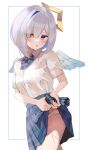  1girl absurdres amane_kanata angel angel_wings blue_bow blush border bow breast_pocket breasts buket_pudding_i collared_shirt commentary_request cowboy_shot feathered_wings hair_between_eyes hair_over_one_eye halo highres hololive looking_at_viewer medium_breasts medium_hair mini_wings panties pantyshot parted_bangs parted_lips pleated_skirt pocket purple_eyes see-through shirt shirt_tucked_in short_sleeves skirt solo underwear uniform virtual_youtuber wet wet_clothes white_background white_border white_hair white_panties wings wringing_clothes wringing_skirt 