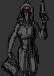  2023 absurd_res anthro black_and_white clothing cosplay crossover crossover_cosplay cybernetic_arm cybernetic_limb cybernetics cyberpunk_2077 dinosaur duffel_bag elbow_feathers eyewear fang_(gvh) female goodbye_volcano_high gun hair hi_res jewelry johnny_silverhand_(cyberpunk_2077) long_hair machine midriff monochrome necklace pterodactylus pterosaur ranged_weapon reptile sakamtosng scalie snoot_game snout solo sunglasses topwear vest weapon 
