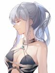  1girl absurdres ak-12_(girls&#039;_frontline) ak-12_(quiet_azure)_(girls&#039;_frontline) aquamarine_(gemstone) bare_shoulders black_dress breasts chinese_commentary cleavage closed_eyes commentary dress earrings from_side girls&#039;_frontline halter_dress halterneck highres jewelry luoyuyaoouruola medium_breasts official_alternate_costume ponytail portrait profile revealing_clothes sidelocks simple_background smile solo white_background white_hair 