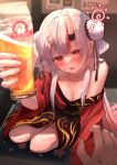  alcohol alternate_costume alternate_hairstyle beer black_ribbon blurry blurry_background blush breasts cleavage collarbone commentary double_bun drunk earrings flower_earrings foreshortening hair_bun hair_ribbon highres hololive horns japanese_clothes jewelry jitome kimono looking_at_viewer medium_breasts multicolored_hair nakiri_ayame off_shoulder oni oni_horns pov pov_hands poyoyo_(nakiri_ayame) red_eyes red_hair red_kimono ribbon sitting streaked_hair sweat varsoligt virtual_youtuber white_hair yokozuwari 
