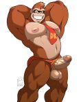  2023 anthro ape balls barazoku big_nipples brown_body brown_eyes brown_fur bulge bulge_through_clothing circumcised clothed clothing clothing_aside donkey_kong_(series) erection flexing front_view fur genitals grin grinning_at_viewer hair hands_behind_head haplorhine head_tuft hi_res humanoid_genitalia humanoid_penis looking_at_viewer male mammal mostly_nude muscular muscular_anthro muscular_arms muscular_legs muscular_male navel necktie nelldemon nintendo nipples orange_eyes penis pink_nipples primate red_necktie signature simple_background skimpy smile smiling_at_viewer solo standing teeth thong thong_only topless tuft underwear underwear_aside underwear_only vein watermark white_background 