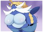  2023 4:3 amber_eyes anthro armor belly big_belly big_breasts big_butt blue_body bodily_fluids bottomwear breasts butt claws clothing emanata eyelashes featureless_breasts female fin generation_5_pokemon glistening grey_body headgear helmet hi_res huge_breasts huge_thighs love_handles mokeee57 motion_lines nintendo overweight overweight_anthro overweight_female pokemon pokemon_(species) portrait pulling_clothing samurott shorts simple_background solo standing struggling sweat tail tail_fin thick_thighs three-quarter_portrait tight_clothing whiskers wide_hips 