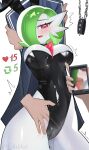  absurd_res anthro blush bodily_fluids breasts bunny_costume clothed clothing costume fake_ears female gardevoir generation_3_pokemon genital_fluids genitals green_hair hair hands_behind_head hi_res nintendo open_mouth pokemon pokemon_(species) pussy pussy_juice re1akko red_eyes solo white_body 